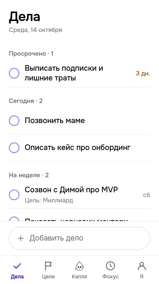 Дела: просроченное, на сегодня и на неделе, у дела видна его цель